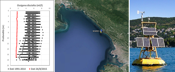 Concentrazione di ossigeno disciolto (ml/l) misurata lungo la colonna d’acqua nel sito C1-LTER il 26/8/2015 (rosso) e mensilmente negli anni 1991 – 2014 (nero) (sinistra). Posizione dei siti di monitoraggio LTER e MAMBO (centro) e boa meteo - oceanografica MAMBO (destra)